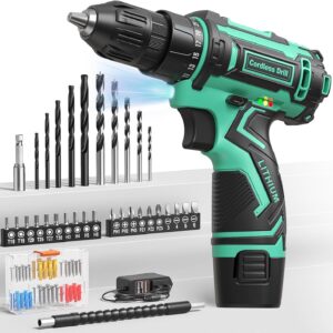 Cordless Drill Set,12V Power Drill Driver 3/8" Keyless Chuck with 92 Acessories, Built-in LED Light, 25+1 Position, Electric Drill for Home DIY Projects（Cyan）